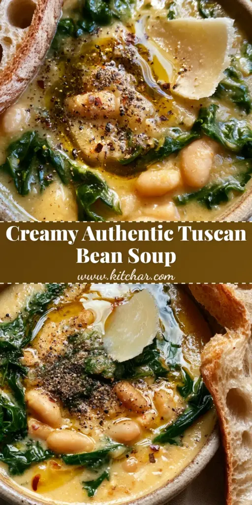 A rustic bowl of creamy Tuscan white bean soup with kale, olive oil, and Parmesan cheese, served with sourdough bread. (tuscan white bean soup)