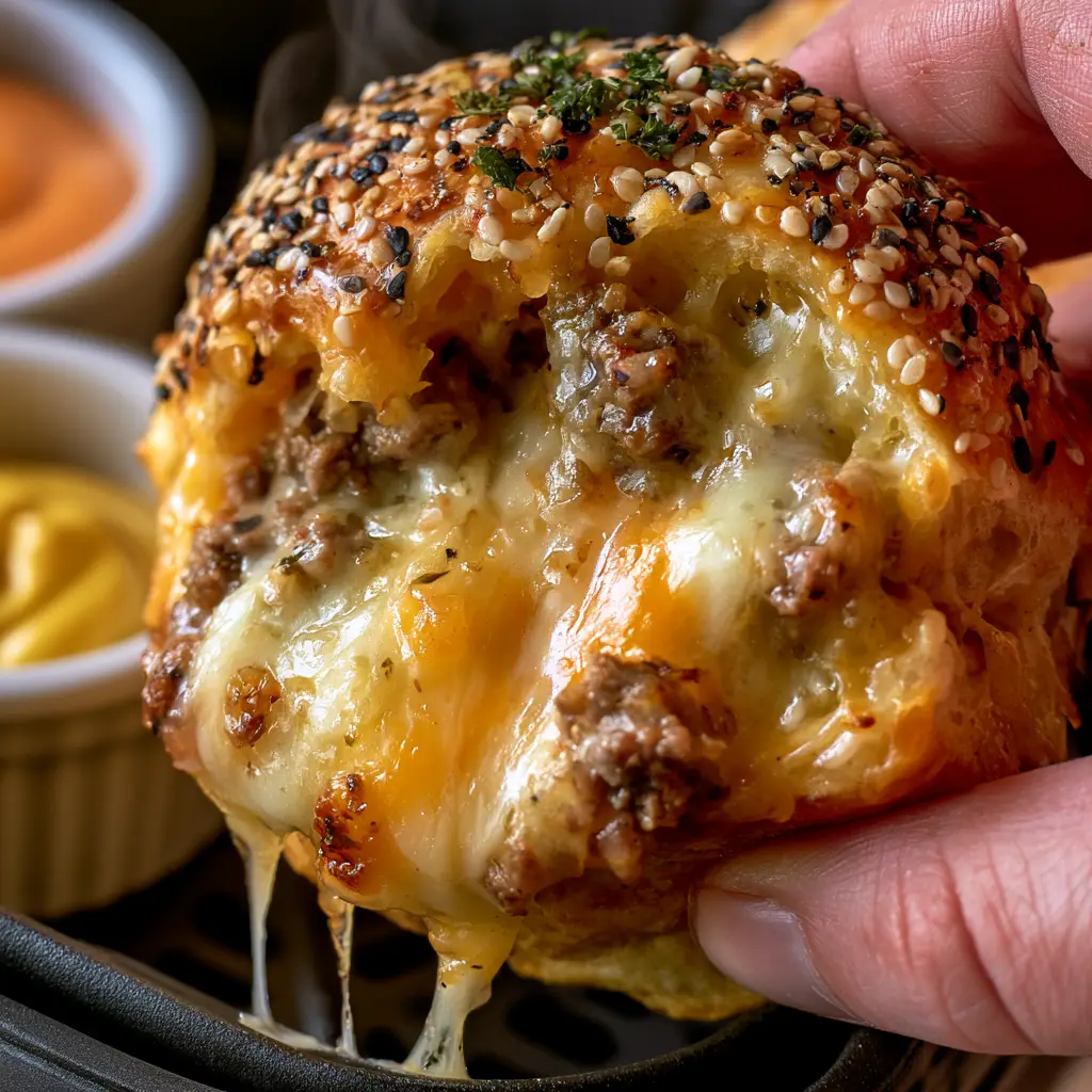 Cheeseburger Bombs: The Ultimate Air Fryer Appetizer Recipe 2 Extreme macro of cheeseburger bombs with garlic butter, dried parsley, and toasted black and white sesame seeds.