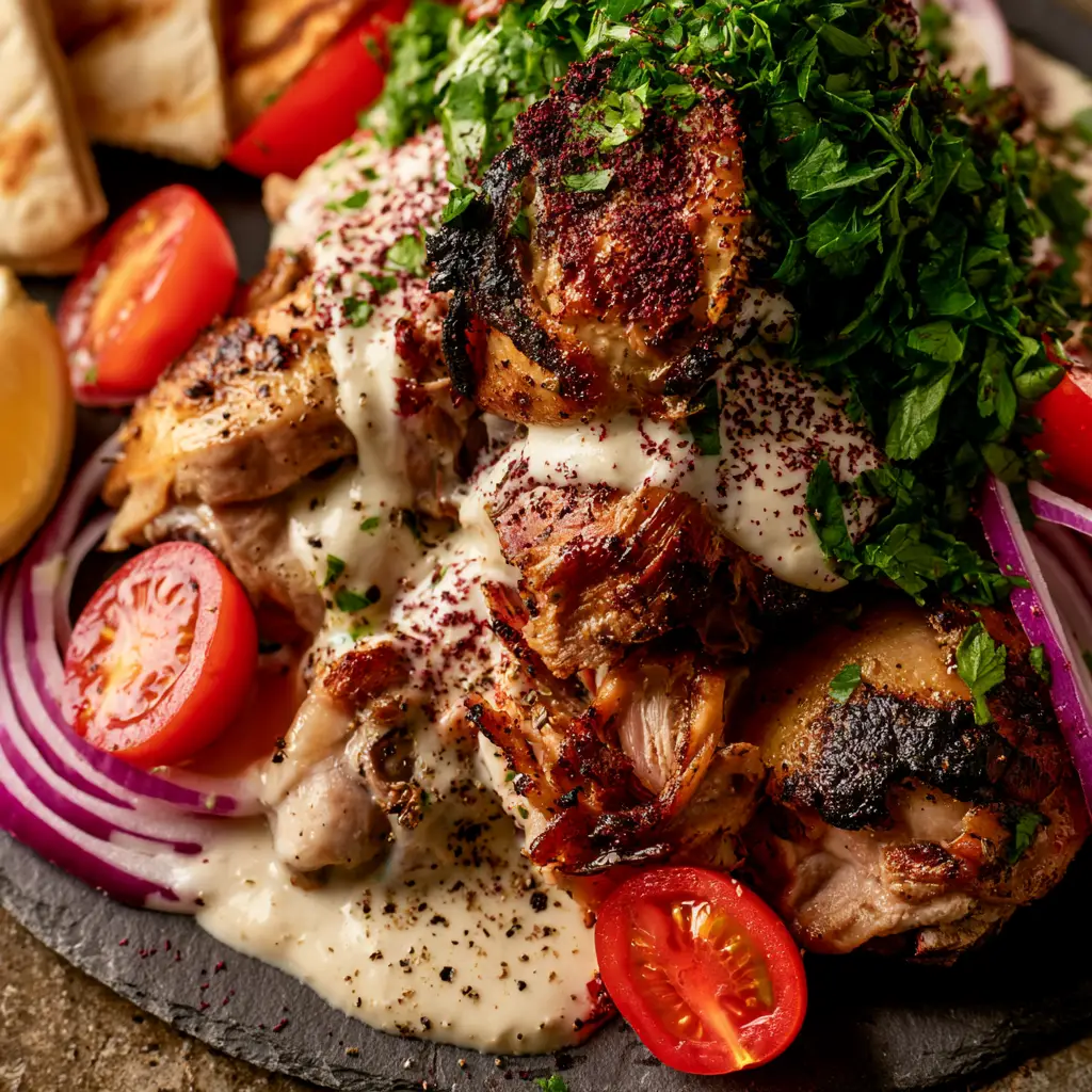 Slow Cooker Chicken Shawarma: The Ultimate Crispy & Juicy Mediterranean Feast 1 Close up of Mediterranean feast featuring slow cooker chicken shawarma, red onions, and sumac.