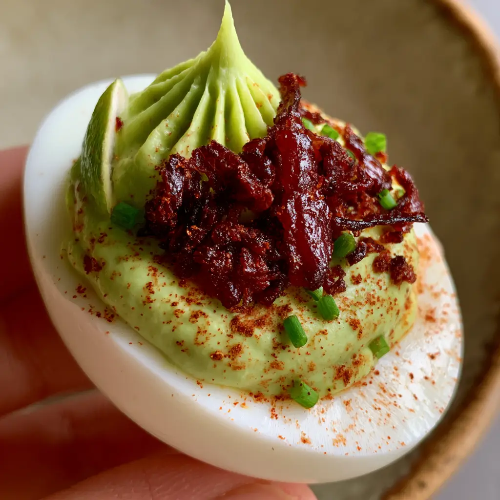 Avocado Deviled Eggs: The Ultimate Creamy, Crispy Appetizer Recipe 2 Extreme macro of a single avocado deviled egg showing the creamy green filling swirl and smoked bacon. (avocado deviled eggs)