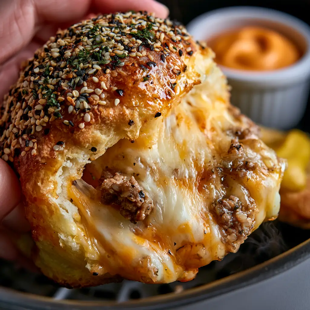 Cheeseburger Bombs: The Ultimate Air Fryer Appetizer Recipe 1 Close-up of cheeseburger bombs being served with a side of creamy orange burger sauce and a yellow mustard swirl.