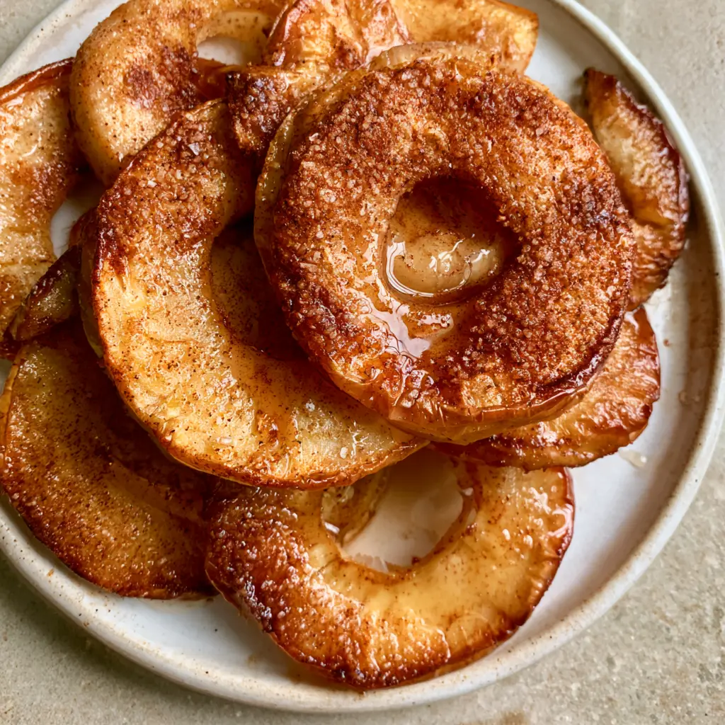 Baked Cinnamon Apple Slices recipe: Tender Glazed Apple Rings 2 Top-down smartphone photo of rustic ceramic plate with stacked baked cinnamon apple rings showing golden crimped edges. (Baked Cinnamon Apple Slices recipe)