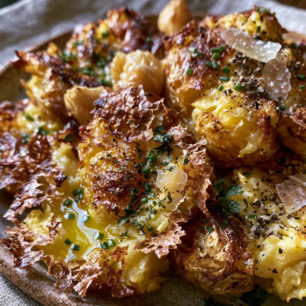 Baked Smashed Potatoes with Garlic Herb Butter and Roasted Garlic 1 Smashed potatoes seasoned with dried parsley, fresh chives, and flaky sea salt, nestled with soft roasted garlic cloves.
