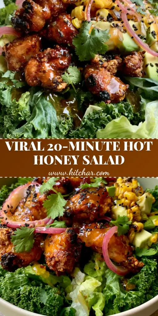 hot honey chicken salad with Extra-Crispy Glazed Bites 4 A tall Pinterest-style shot of a hot honey chicken salad featuring extra-crispy glazed chicken bites, charred corn, and avocado in a matte white bowl.