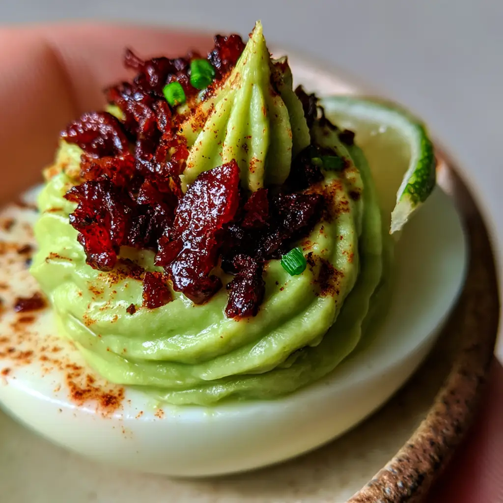 Avocado Deviled Eggs: The Ultimate Creamy, Crispy Appetizer Recipe 1 A side view of an avocado deviled egg resting on a rustic plate, garnished with lime and chives.
