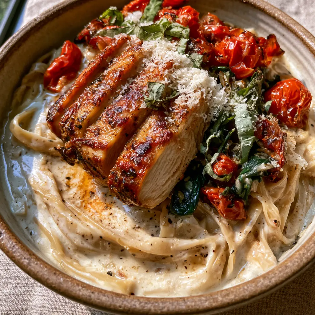 Top view of Tuscan garlic chicken pasta featuring golden-brown chicken and wilted spinach in a thick sauce.