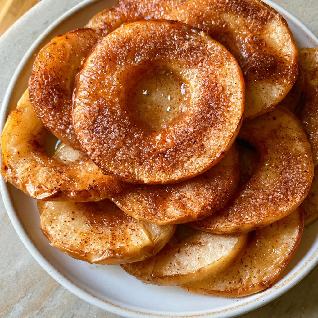 Baked Cinnamon Apple Slices recipe: Tender Glazed Apple Rings 1 Close-up of translucent baked apple slices with coconut sugar granules and natural amber juice droplets.