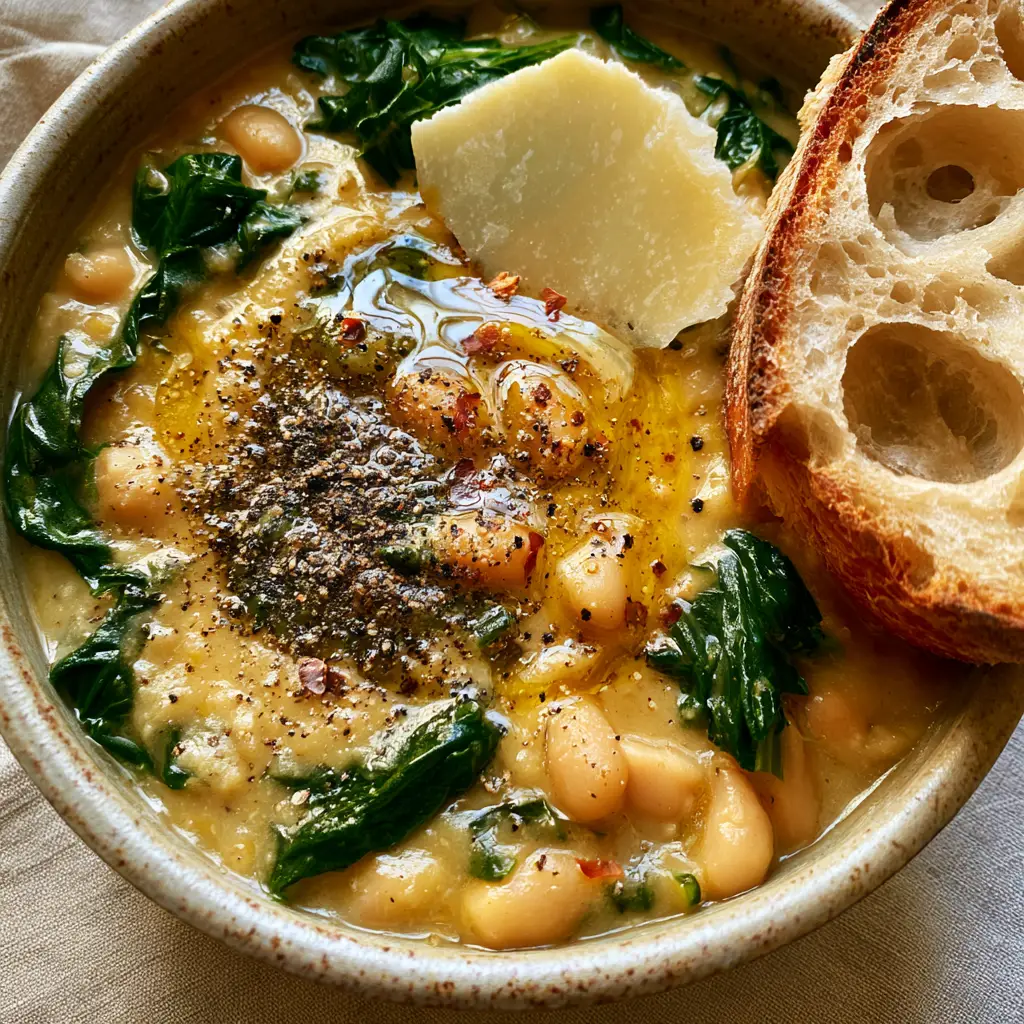 Top-down view of Tuscan white bean soup featuring a glossy olive oil swirl, shaved Parmesan, and a side of crusty sourdough bread.