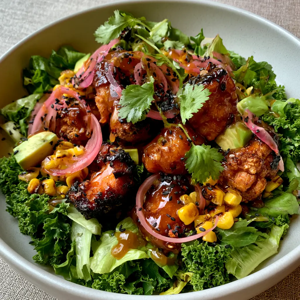 hot honey chicken salad with Extra-Crispy Glazed Bites 2 Close-up of extra-crispy fried chicken bites coated in a translucent amber hot honey glaze with red chili flakes. (hot honey chicken salad)