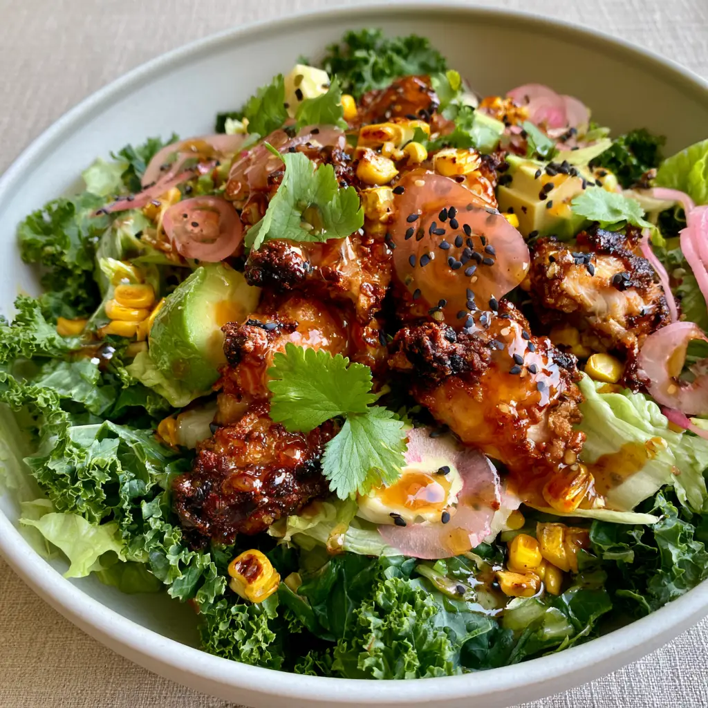 hot honey chicken salad with Extra-Crispy Glazed Bites 1 A top-down view of the hot honey chicken salad showing charred corn, pickled red onions, and toasted black sesame seeds over a bed of greens.