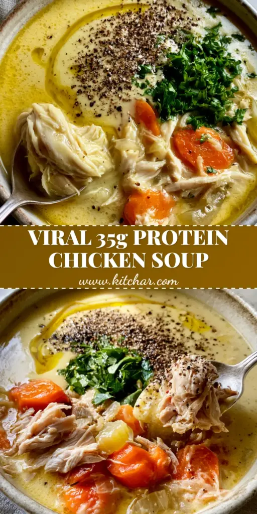 high protein soups: Creamy Golden Shredded Chicken & Vegetable Soup 3 A rustic ceramic bowl of high protein soups featuring creamy golden broth, shredded chicken, and sliced carrots with a parsley garnish.