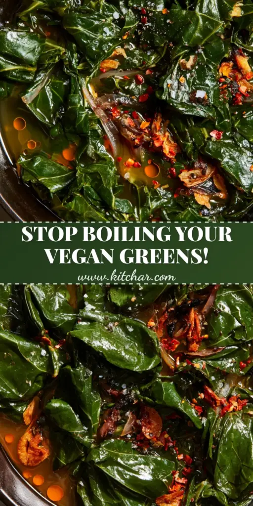 Close-up of Vegan Collard Greens in a black cast iron pot with amber pot likker, garlic chips, and paprika oil. (Vegan Collard Greens)