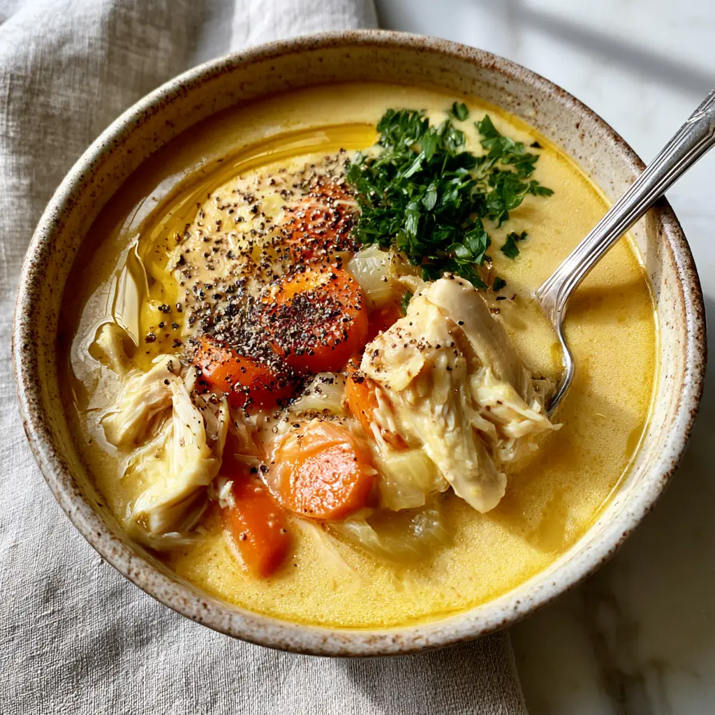 high protein soups: Creamy Golden Shredded Chicken & Vegetable Soup 2 Smartphone photo of creamy high protein soups with moisture-beaded shredded chicken and golden broth.