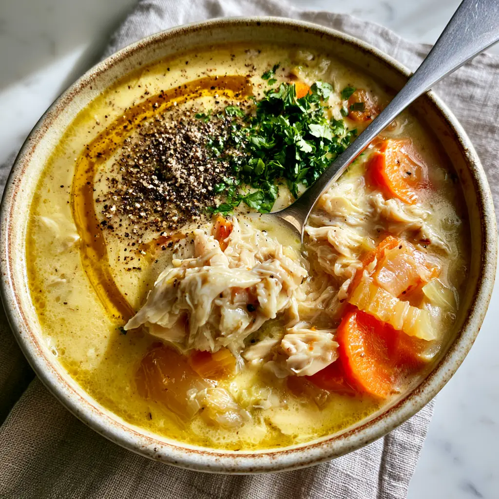 high protein soups: Creamy Golden Shredded Chicken & Vegetable Soup 1 Top-down view of high protein soups in a rustic bowl on a marble countertop with steam rising.