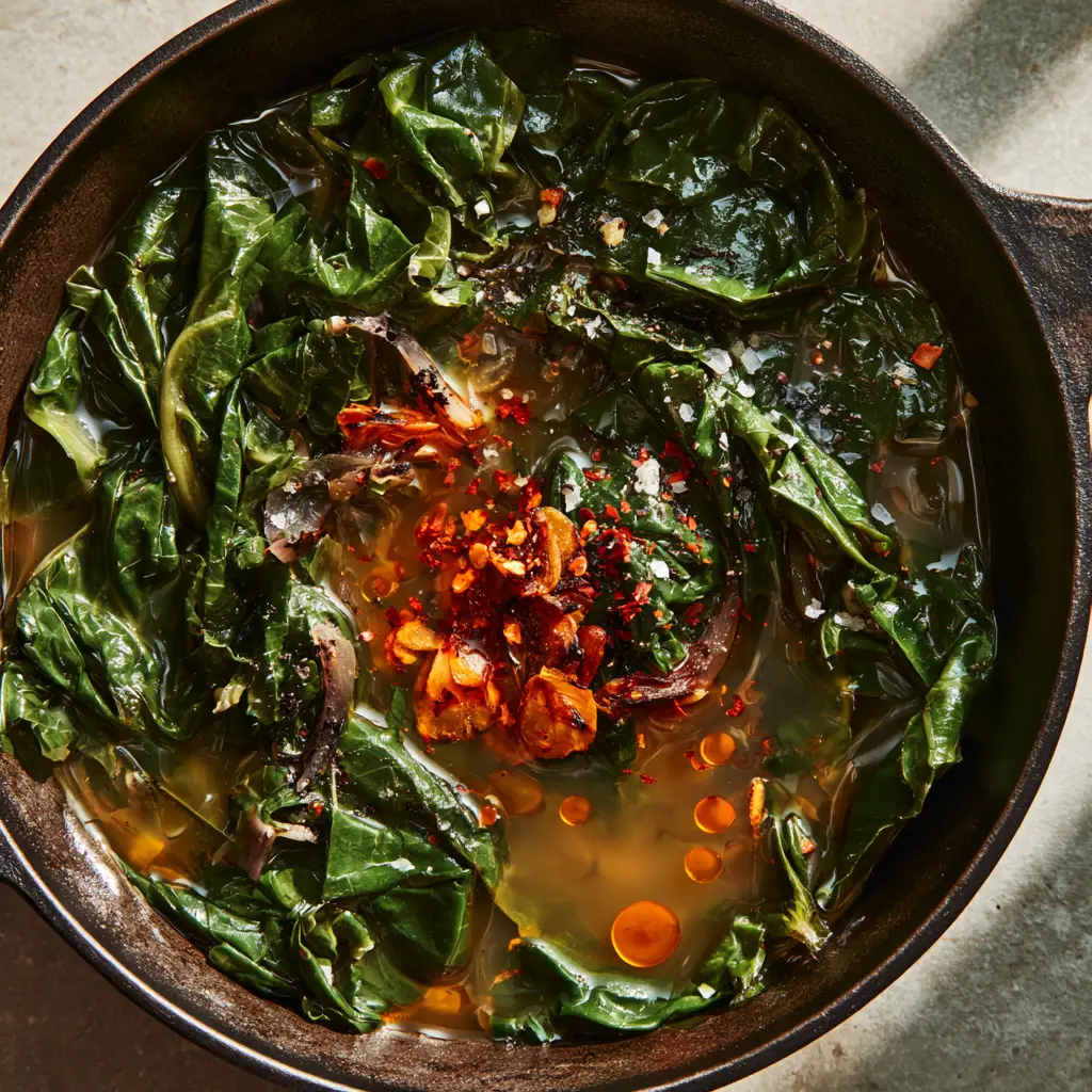 Detailed view of toasted golden garlic chips and charred red onions on top of silky Vegan Collard Greens.