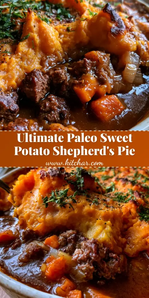 A scoop of Paleo sweet potato shepherd's pie showing the beef layer and toasted sweet potato topping.