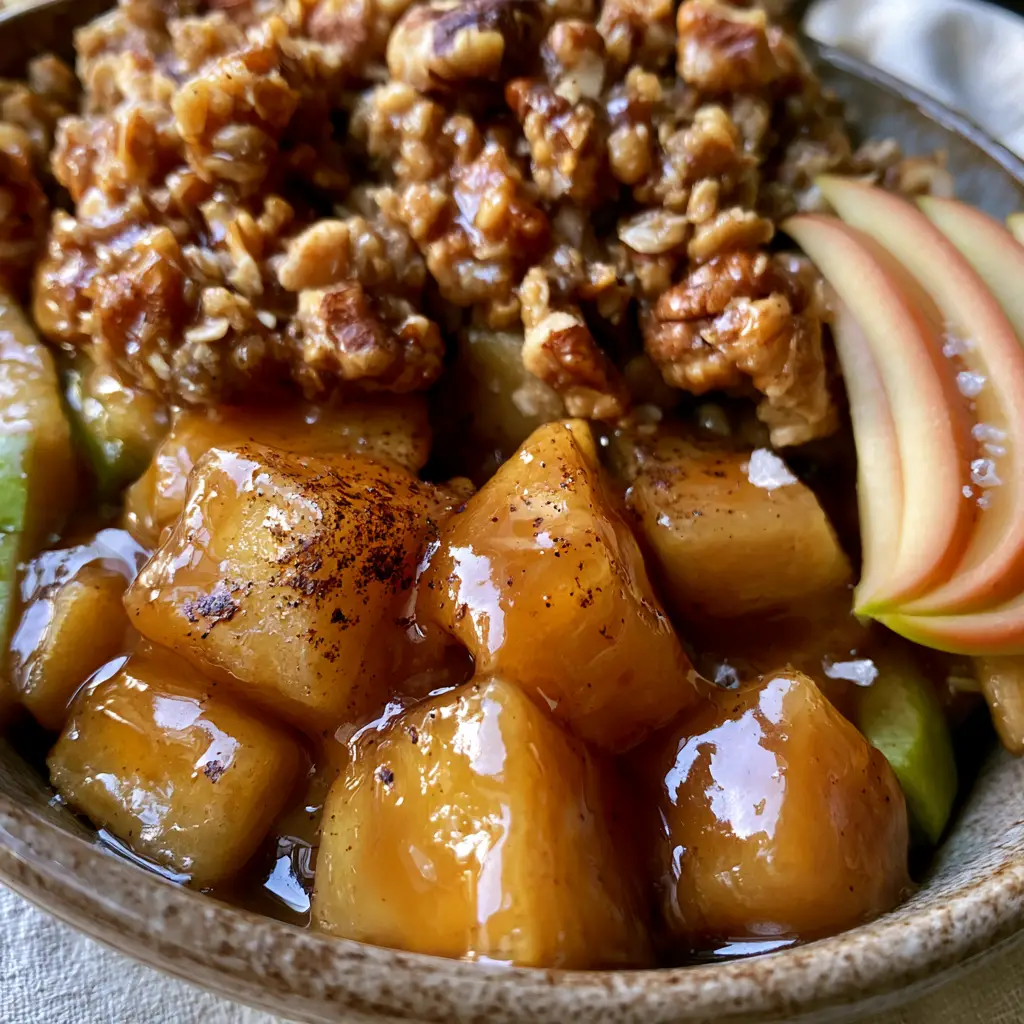 Raw Apple Crumble with Glistening Date Caramel 2 Extreme macro close-up of glistening amber date caramel over hand-cut raw Honeycrisp apples in a stoneware bowl.