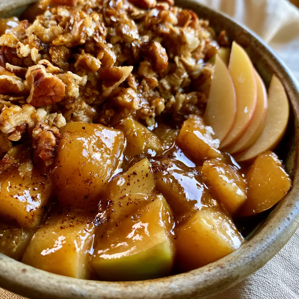 Raw Apple Crumble with Glistening Date Caramel 1 A dense layer of chunky raw walnut and pecan crumble topping a raw apple dessert with cinnamon specks.