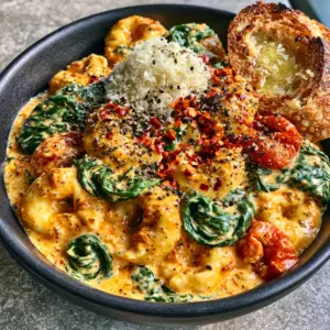 Overhead view of Creamy Spinach Tomato Tortellini with pillowy pasta and vibrant terracotta-orange cream sauce.
