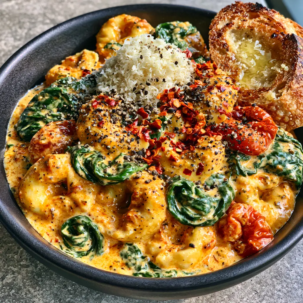 Creamy Spinach Tomato Tortellini with Blistered Tomatoes 2 Overhead view of Creamy Spinach Tomato Tortellini with pillowy pasta and vibrant terracotta-orange cream sauce.