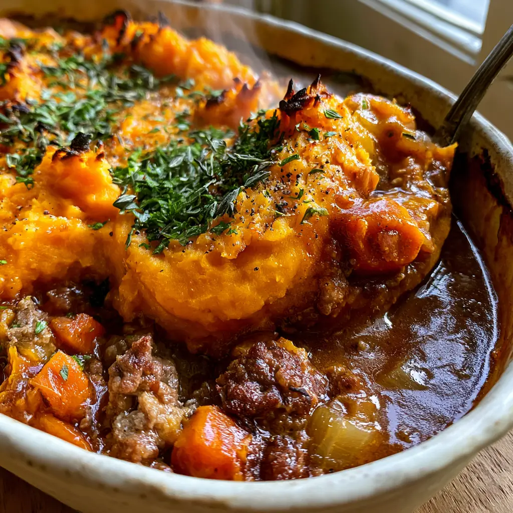 Whipped orange sweet potato mash with toasted golden-brown peaks and fresh thyme.