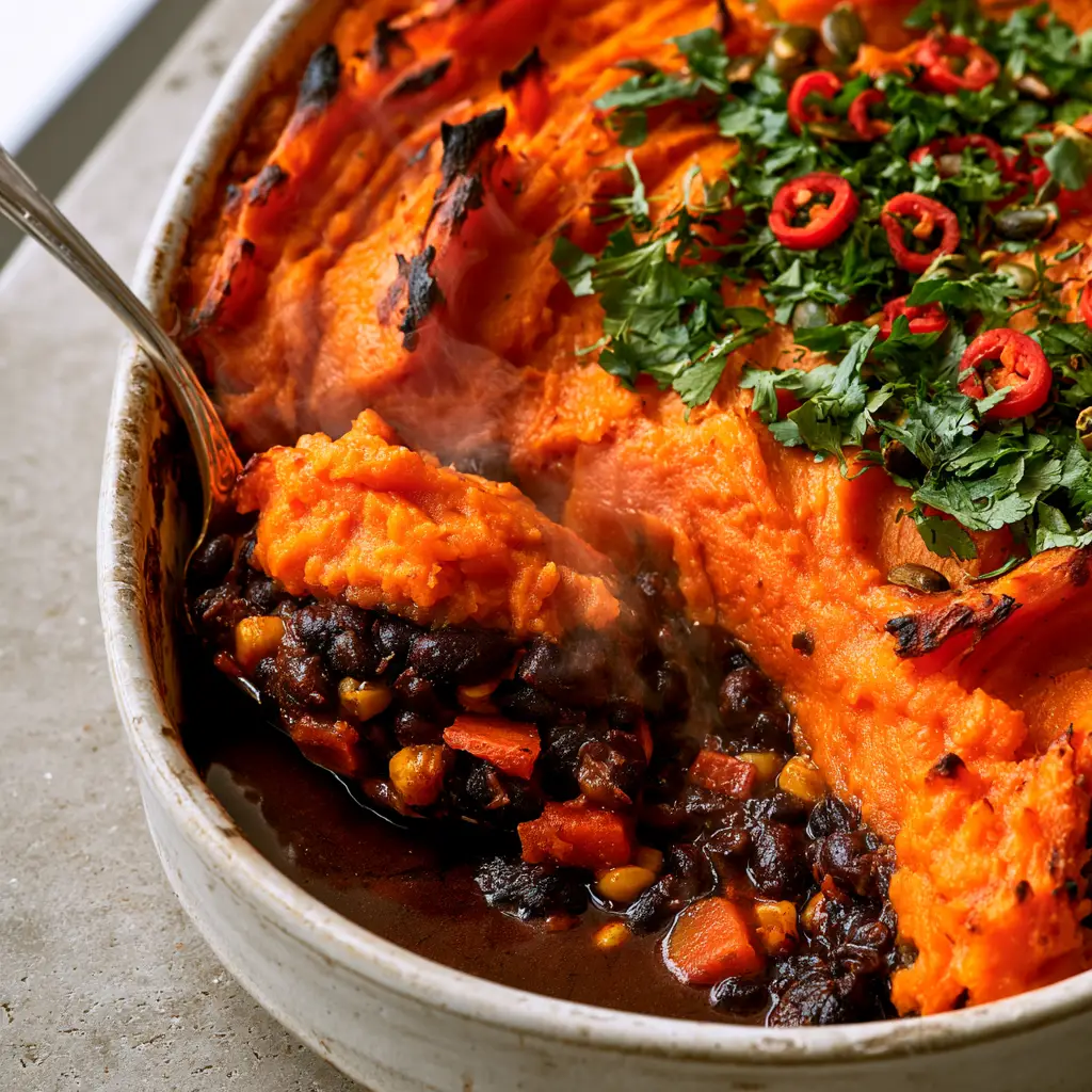 Black Bean Sweet Potato Shepherd’s Pie with Smoky Tomato Gravy 2 A rustic white ceramic dish filled with black bean sweet potato shepherd's pie, garnished with red jalapenos and fresh cilantro.