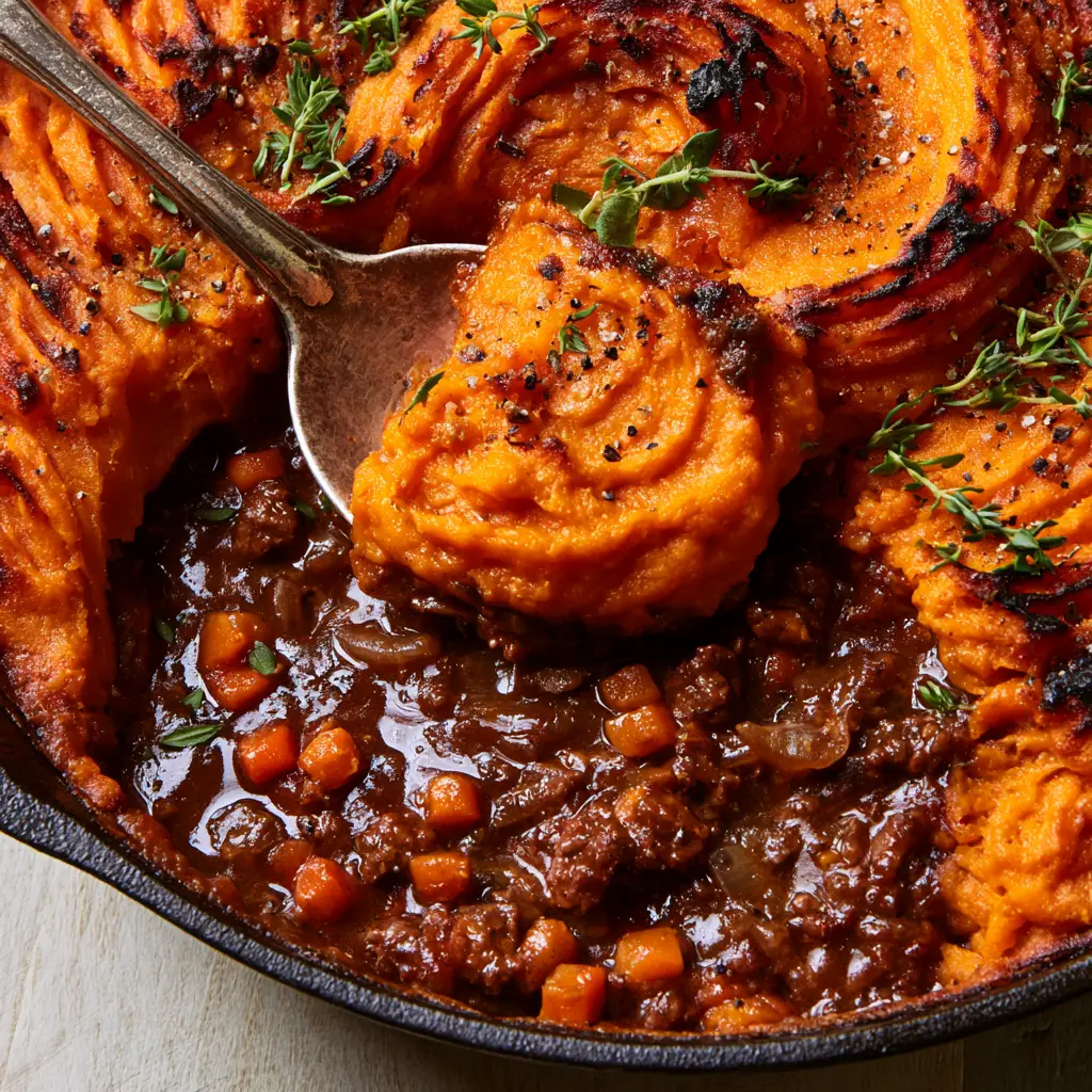 Close-up of a spoon lifting a scoop of rich ground beef gravy from a whole30 shepherd's pie.