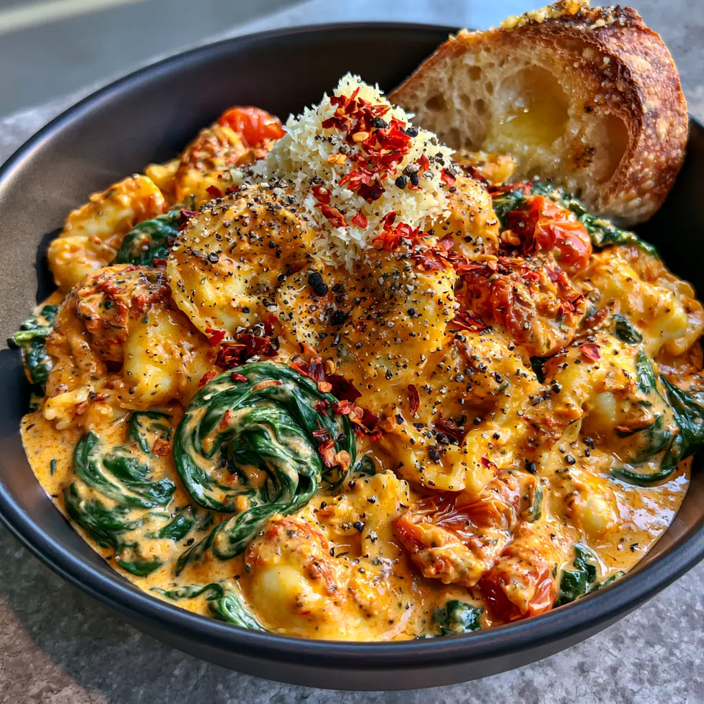 Creamy Spinach Tomato Tortellini with Blistered Tomatoes 1 A bowl of Creamy Spinach Tomato Tortellini served with a side of toasted garlic sourdough bread on a stone tabletop.