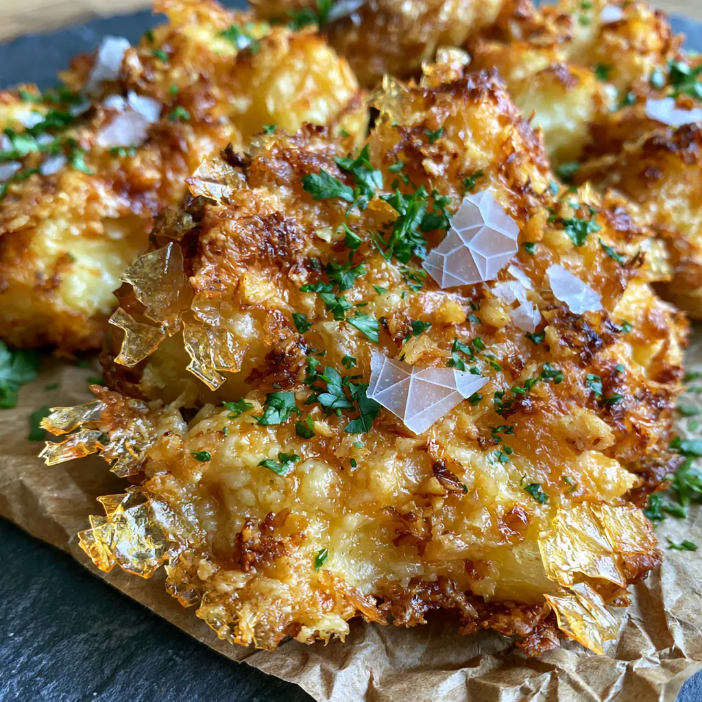 Smashed Potatoes with Garlic Parmesan and Shattered Crispy Edges 1 Bubbling parmesan cheese melting over a smashed potato with flaky sea salt.