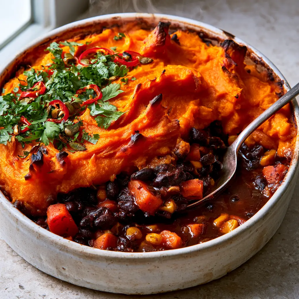 Black Bean Sweet Potato Shepherd’s Pie with Smoky Tomato Gravy 1 Close up of the smoky mahogany bean and corn filling of a black bean sweet potato shepherd's pie.