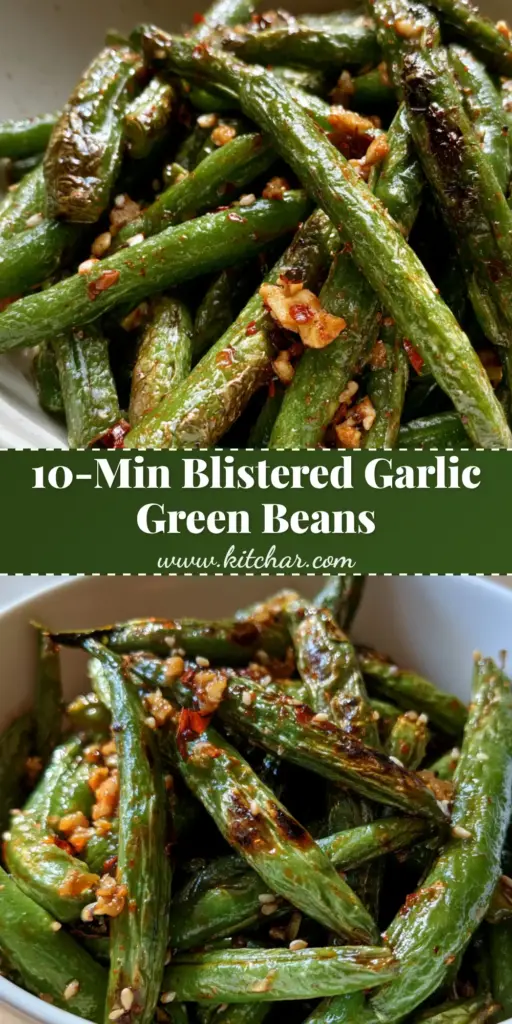 A close up shot of blistered garlic chili green beans in a white bowl showing charred skin and sesame seeds.