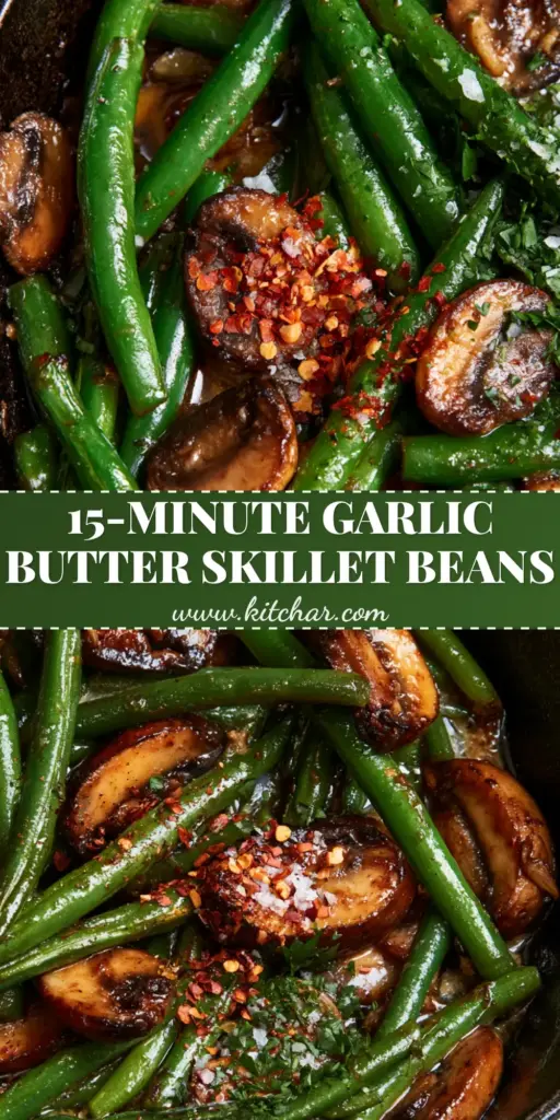 Garlic Butter Green Beans and Mushrooms: The Perfect 15-Minute Skillet Side 3 A seasoned black cast iron skillet filled with glossy Garlic Butter Green Beans and Mushrooms, garnished with red pepper flakes and parsley. (Garlic Butter Green Beans and Mushrooms)