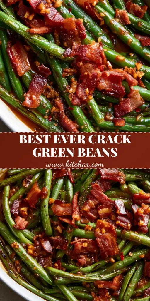 Crack Green Beans with Crispy Bacon and Brown Sugar Glaze 3 A close-up of crack green beans in a white dish topped with crispy bacon crumbles and a glossy amber glaze.