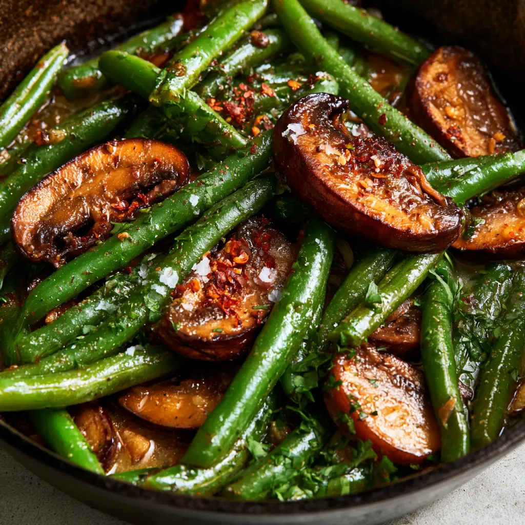 Garlic Butter Green Beans and Mushrooms: The Perfect 15-Minute Skillet Side 2 Close-up of vibrant green blanched beans and seared golden mushrooms in a garlic butter sauce. (Garlic Butter Green Beans and Mushrooms)