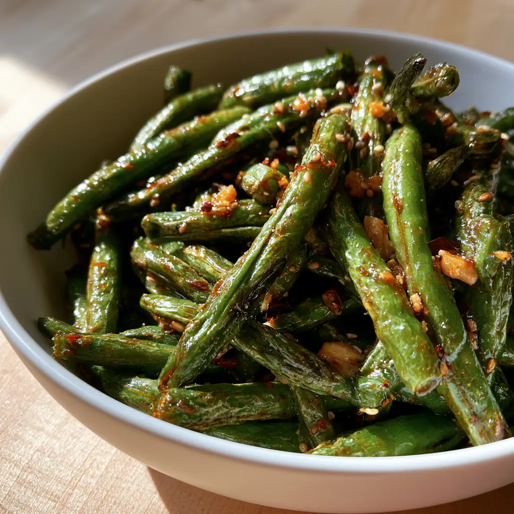 Close up view of blistered green beans with visible leopard spots and toasted minced garlic.