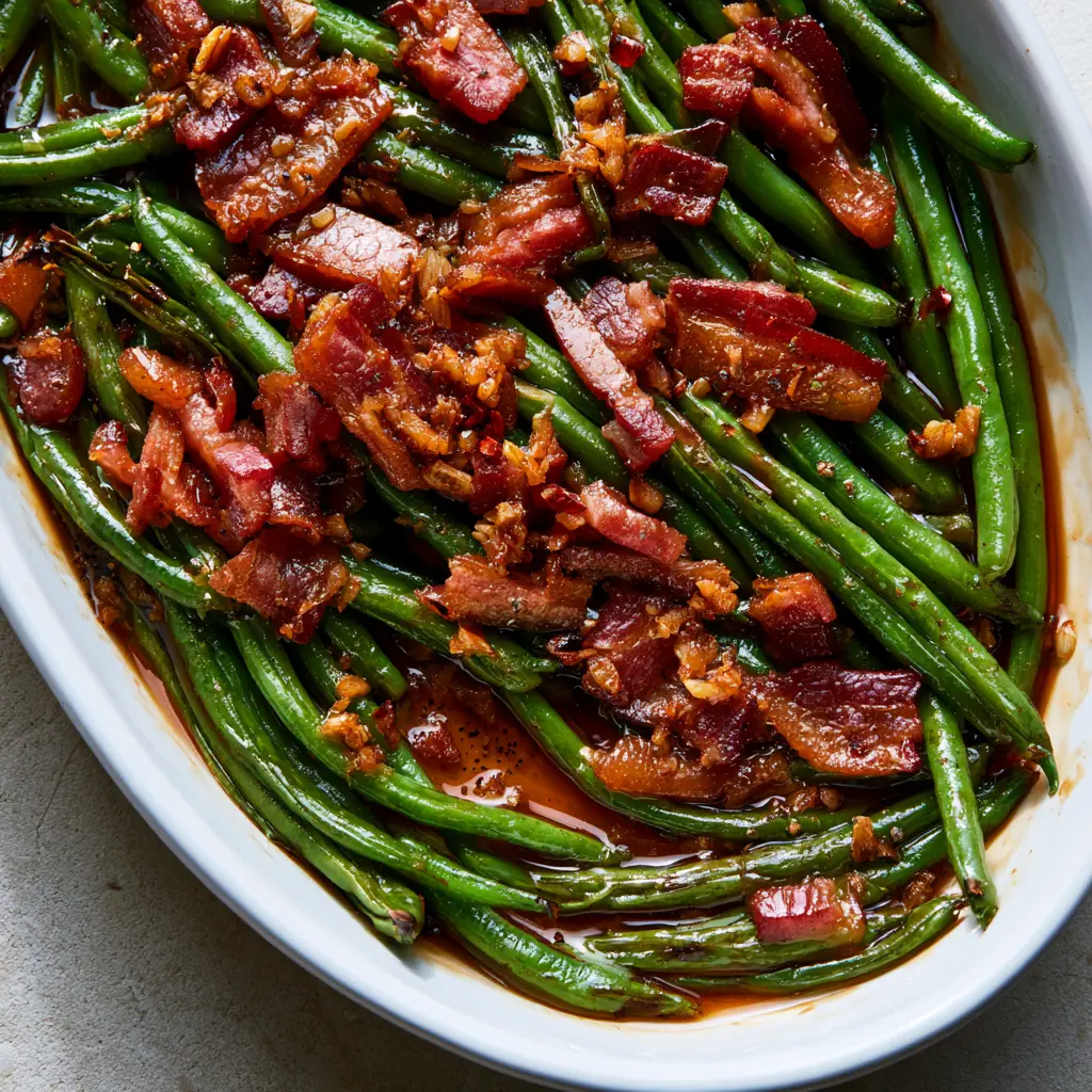 Crack Green Beans with Crispy Bacon and Brown Sugar Glaze 2 Top-down view of tender-crisp crack green beans heavily coated in a thick soy and brown sugar sauce.