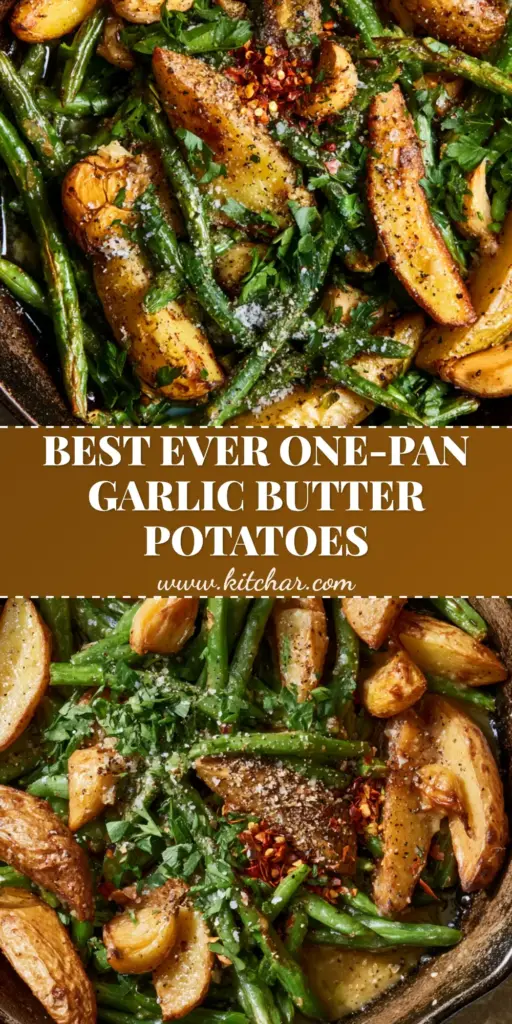 A rustic cast iron skillet filled with crispy Yukon Gold potato wedges, blistered green beans, and caramelized garlic cloves. (Potatoes and Green Beans recipe)