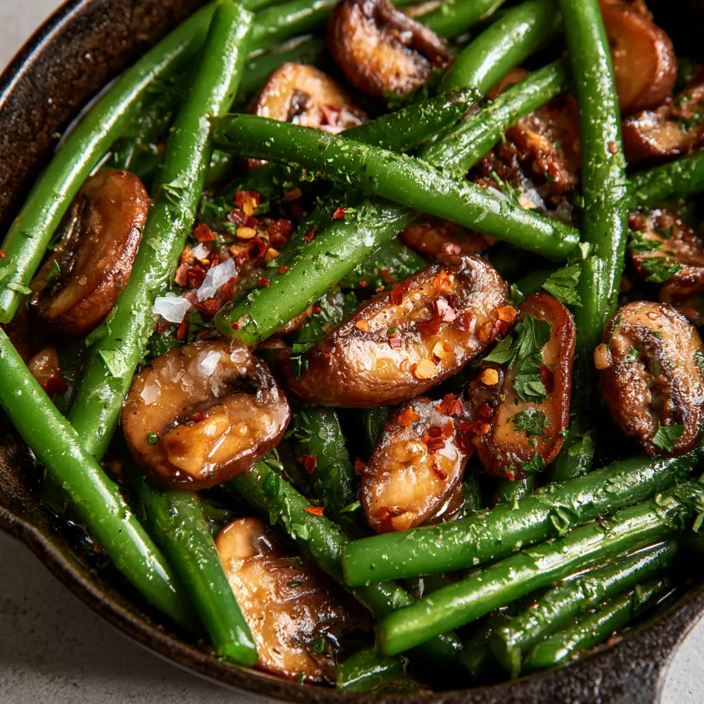 Garlic Butter Green Beans and Mushrooms: The Perfect 15-Minute Skillet Side 1 Top-down view of Garlic Butter Green Beans and Mushrooms in a skillet with visible browned garlic bits.