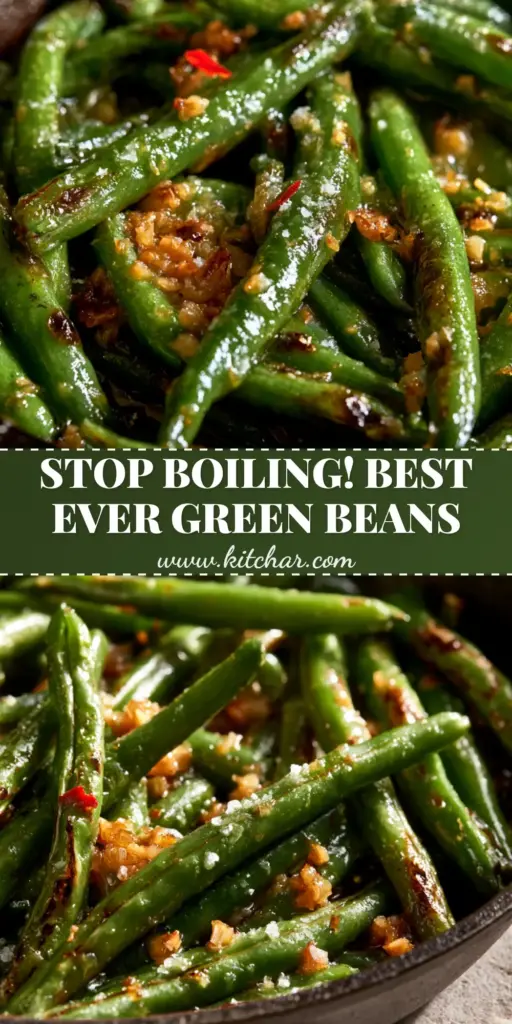 Garlic Butter Sautéed Green Beans (The Best Blistered Recipe) 3 A top-down view of garlic butter sautéed green beans in a cast iron skillet with toasted garlic and red pepper flakes.