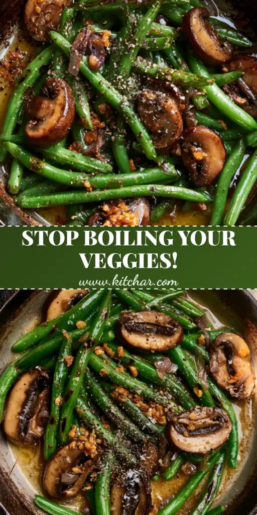 garlic butter sautéed green beans and mushrooms: The Ultimate Skillet Side Dish 3 A rustic black cast iron skillet filled with blistered garlic butter sautéed green beans and mushrooms, garnished with red onion slivers and cracked pepper.