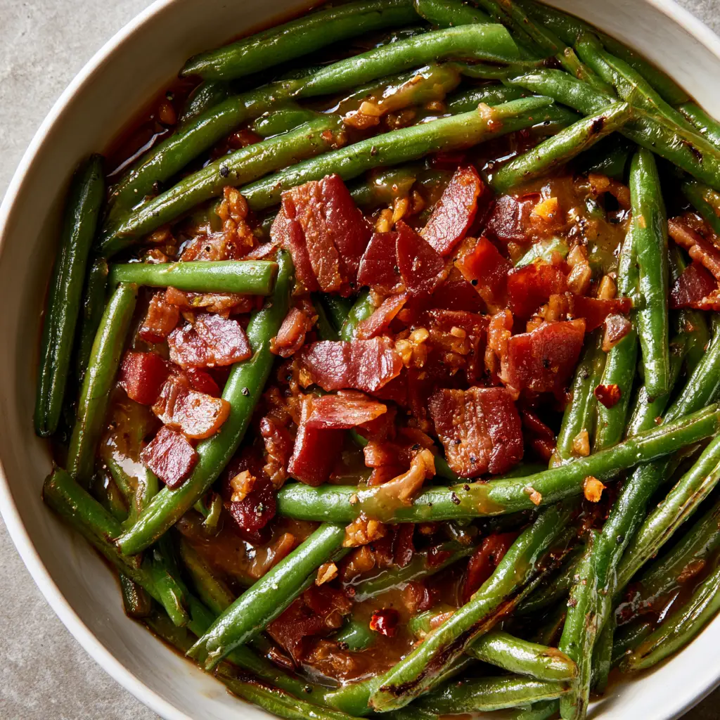 Crack Green Beans with Crispy Bacon and Brown Sugar Glaze 1 Visual texture of crack green beans featuring charred garlic bits and mahogany-colored bacon pieces.
