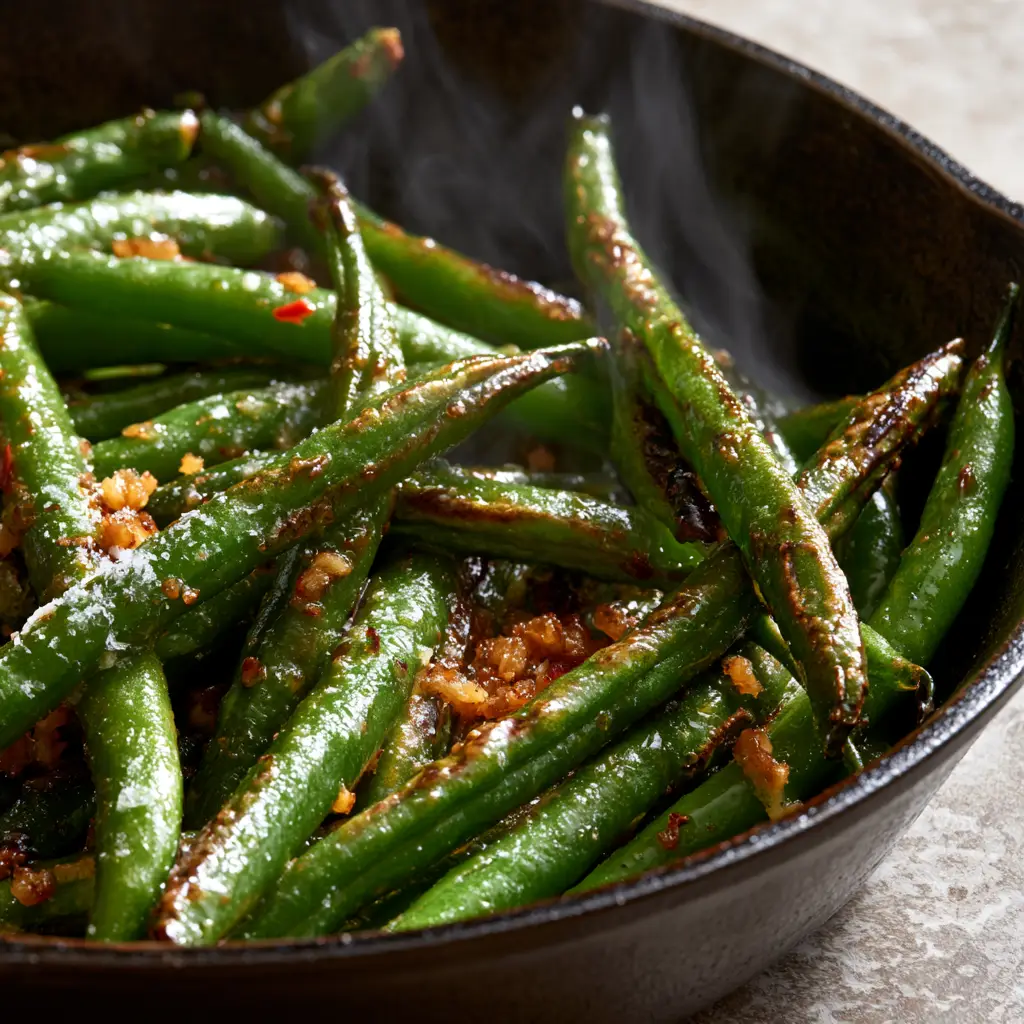 Garlic Butter Sautéed Green Beans (The Best Blistered Recipe) 2 Extreme macro of blistered garlic butter sautéed green beans with visible toasted garlic bits and sea salt.