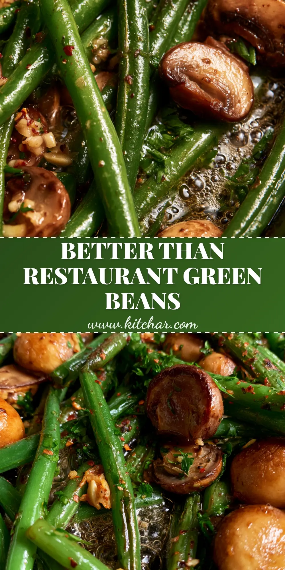 Overhead shot of golden roasted potatoes and vibrant charred green beans with pools of melted garlic butter. (Potatoes and Green Beans recipe)