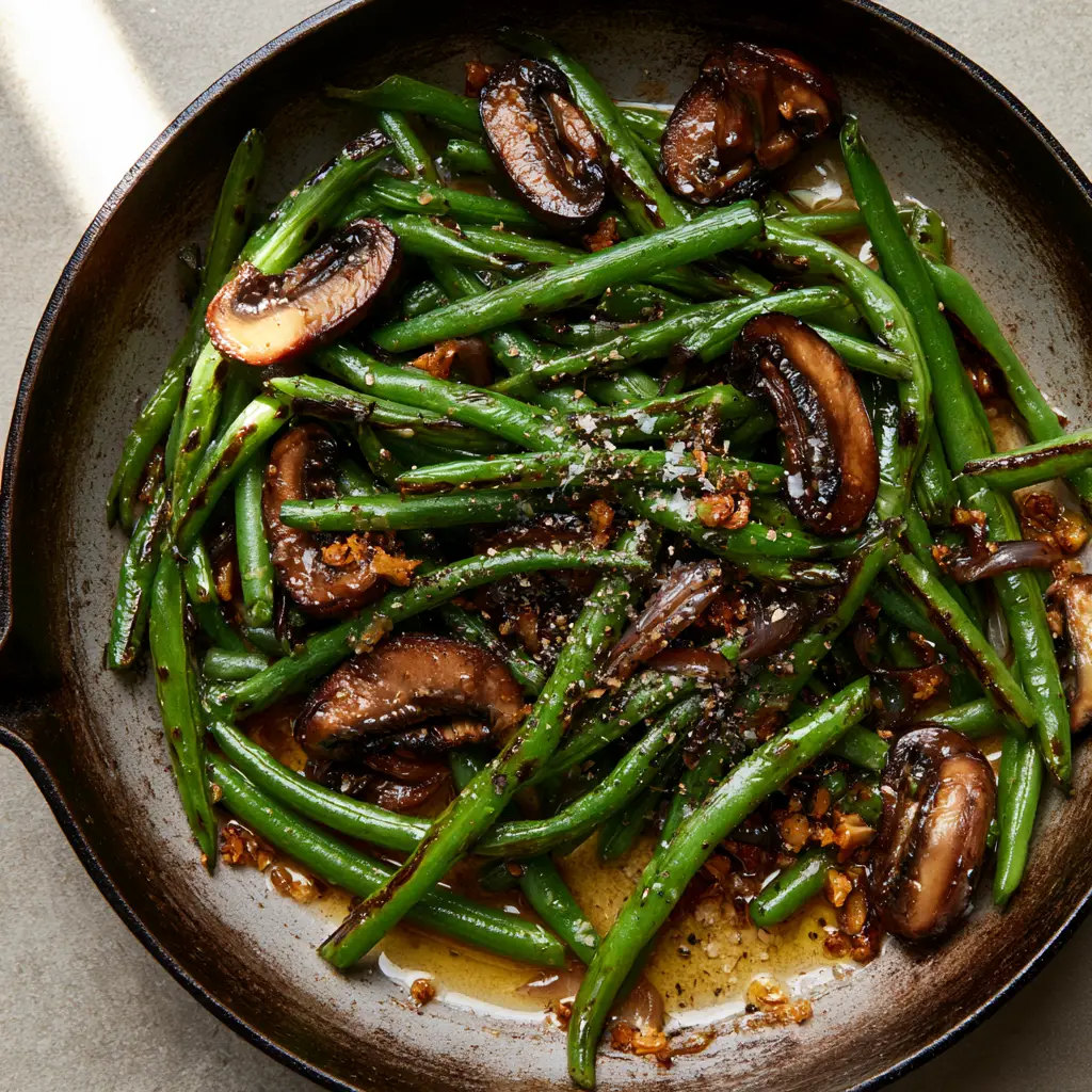 garlic butter sautéed green beans and mushrooms: The Ultimate Skillet Side Dish 2 Top-down view of garlic butter sautéed green beans and mushrooms with char marks and golden butter sauce in a rustic pan.