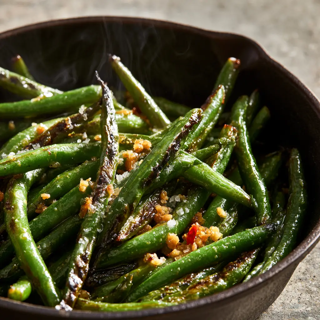 Garlic Butter Sautéed Green Beans (The Best Blistered Recipe) 1 Vibrant emerald green beans coated in glistening garlic butter sauce in a black skillet.