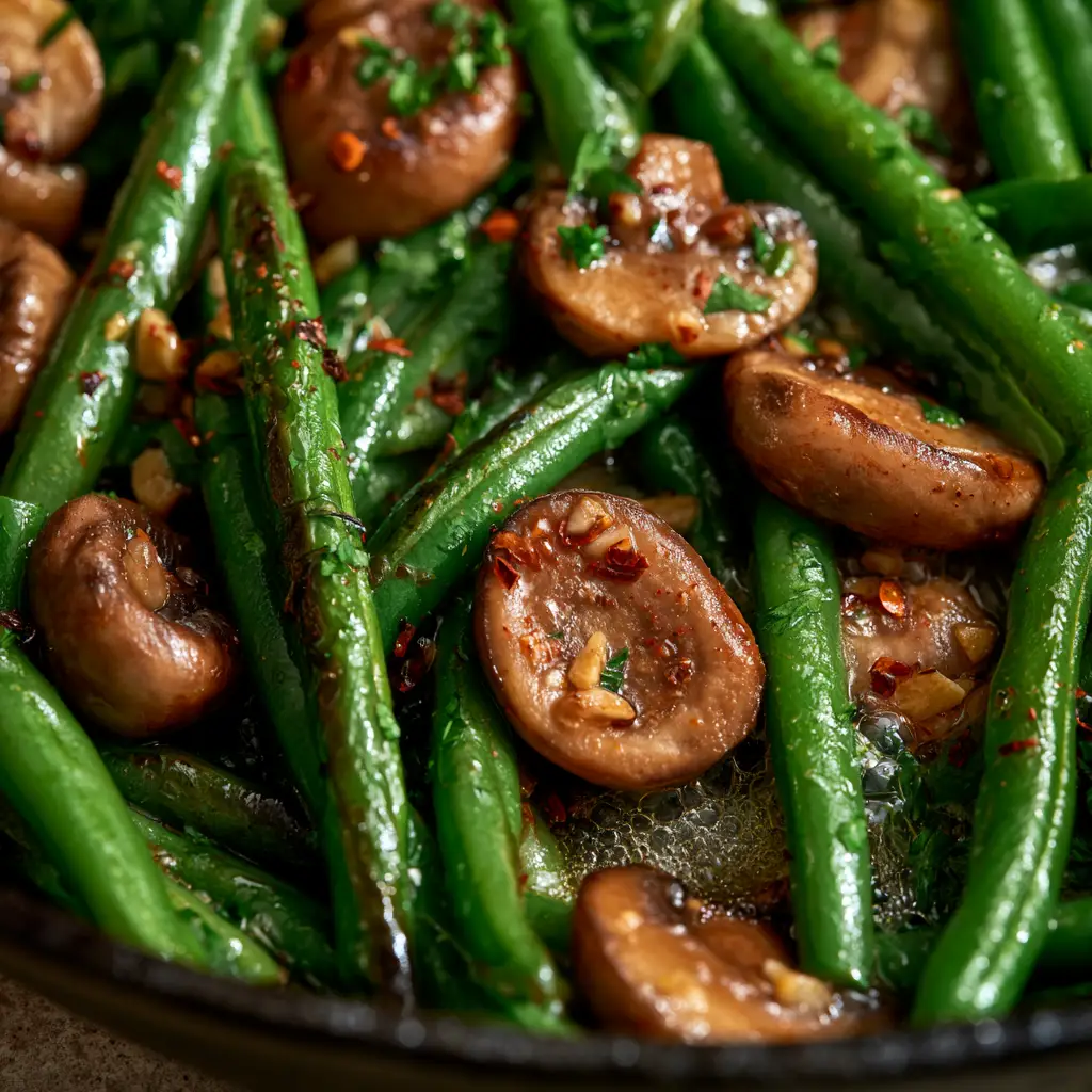 Green Beans with Mushrooms: The Ultimate Garlic Butter Side Dish 2 Extreme close-up of blistered emerald green beans and caramelized cremini mushrooms in a cast iron skillet. (Green Beans with Mushrooms)