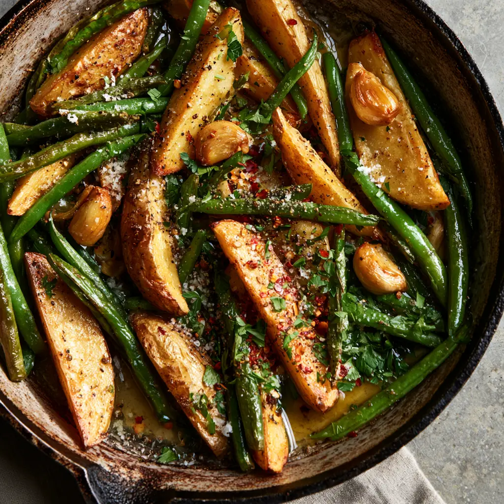 Close up of caramelized whole garlic cloves and crispy potato edges with fresh parsley garnish.