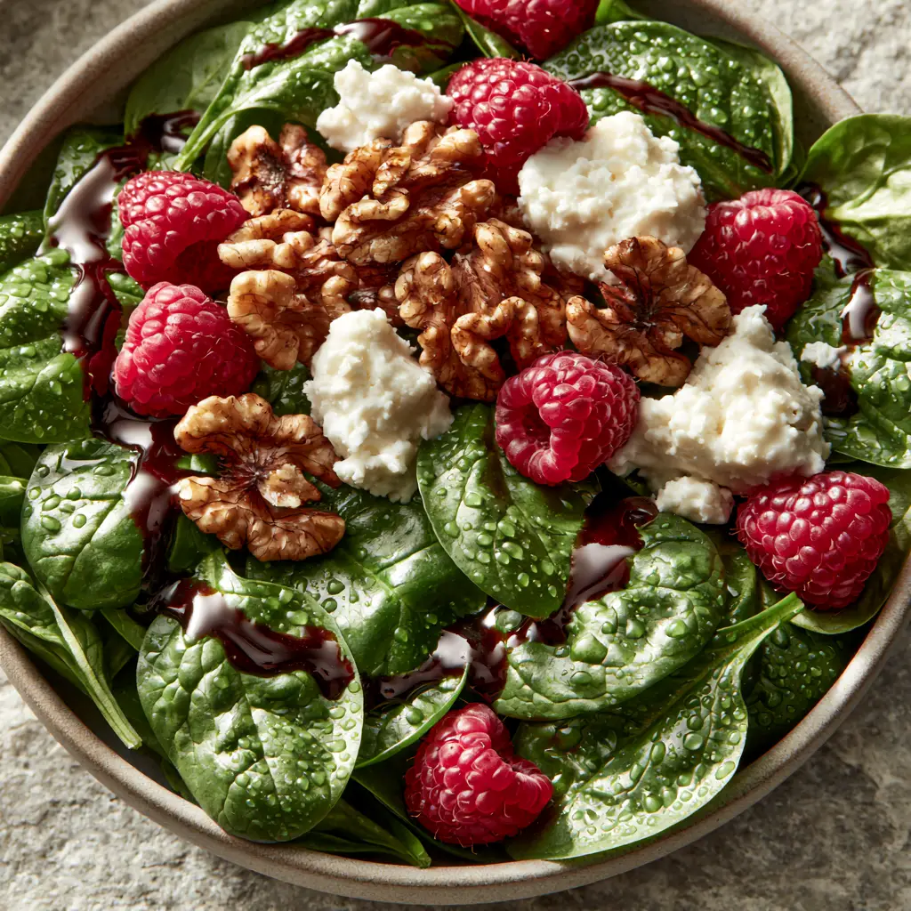 Macro photography of fresh raspberries and goat cheese atop a mountain of baby spinach.