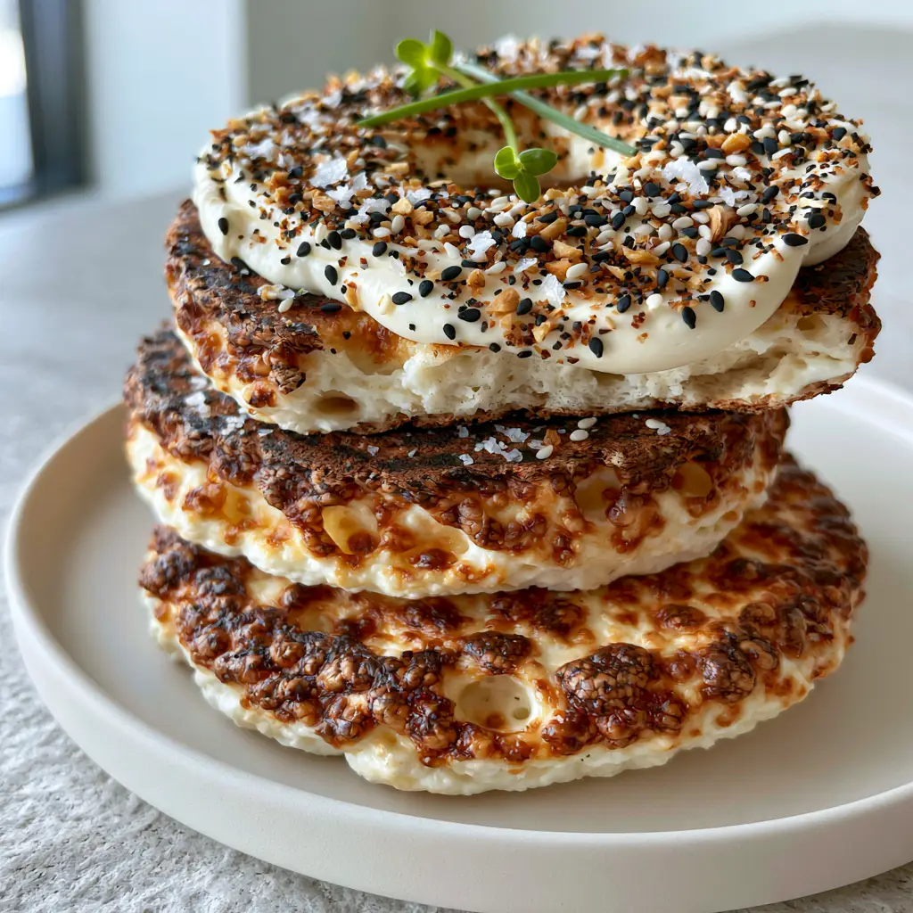 Close up of everything bagel seasoning on top of velvety whipped cream cheese on a Cottage Cheese Flagel.