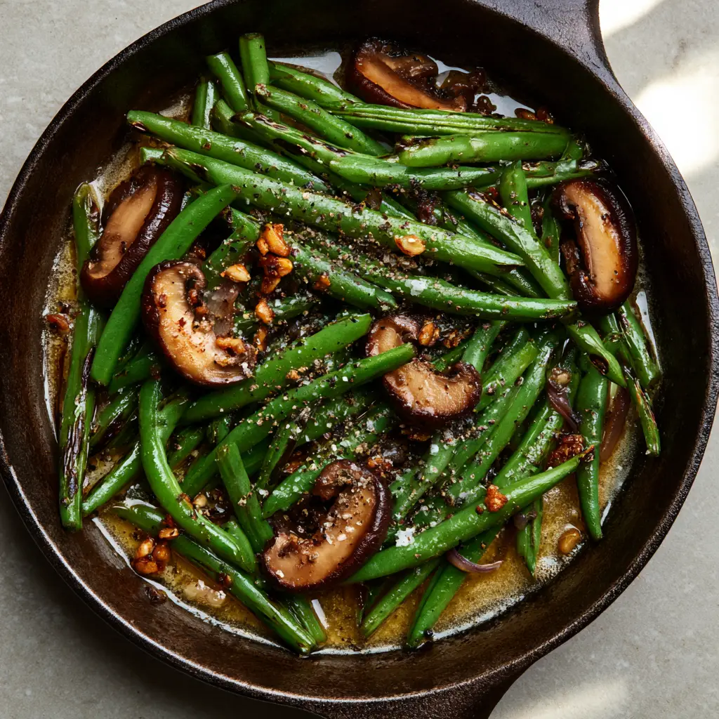 garlic butter sautéed green beans and mushrooms: The Ultimate Skillet Side Dish 1 Close up shot of caramelized cremini mushrooms and green beans tossed in garlic butter with sea salt flakes.